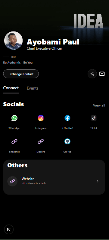 Connect digital profile showing contact info, socials, and links